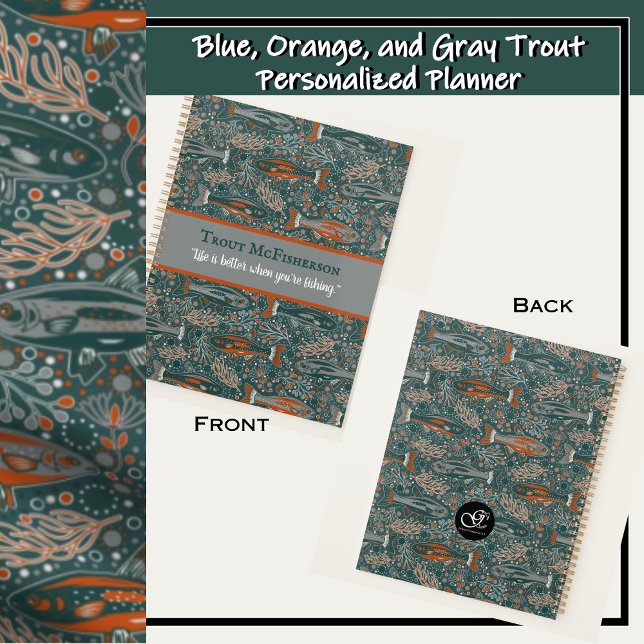 Brook Trout Freshwater Fish Blue Orange Grey Planner (Awesome trout fish design in shades of blue, gray, orange and white -official freshwater fish of NH)