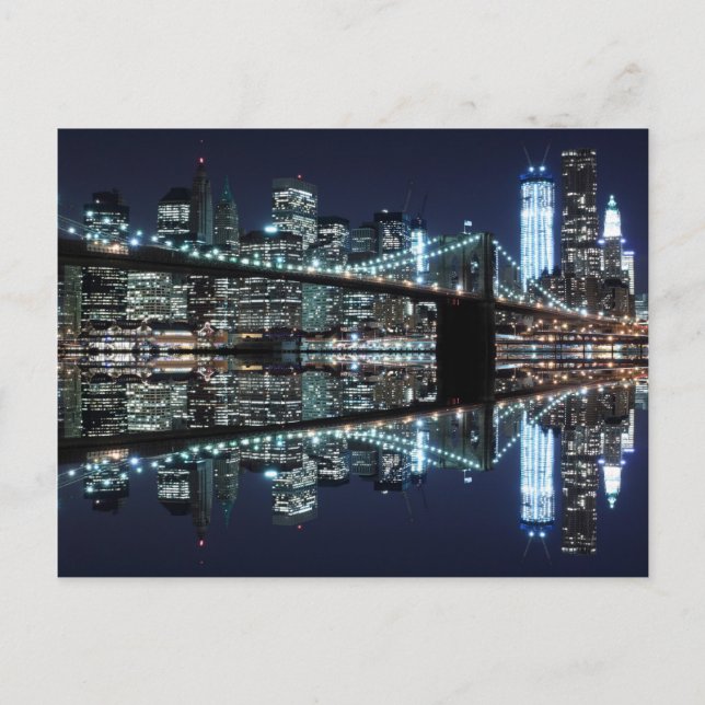 Brooklyn Bridge and The Statue of Liberty at Night Postcard (Front)