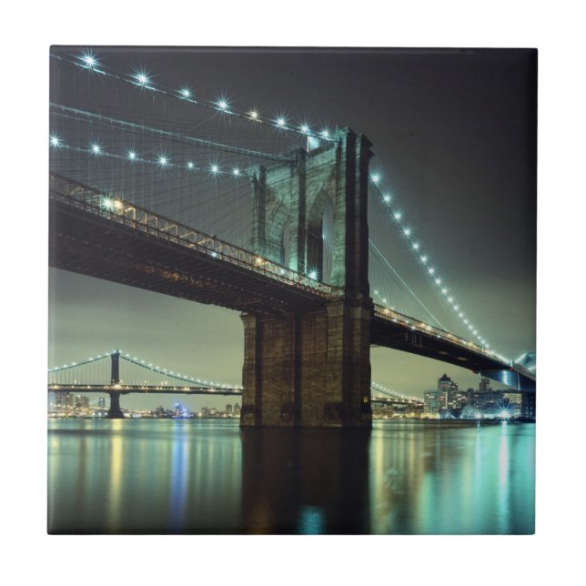 Brooklyn Bridge at night  Manhattan Bridge Ceramic Tile (Front)