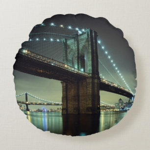 Brooklyn Bridge at night Manhattan Bridge Round Cushion