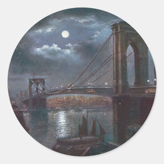 Brooklyn Bridge by Moonlight Classic Round Sticker (Front)