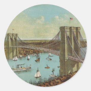 Brooklyn Bridge Colour Postcard Classic Round Sticker