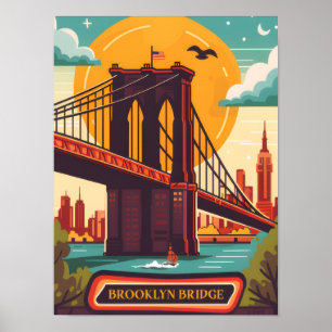 Brooklyn Bridge Manhattan NYC Retro Travel Poster