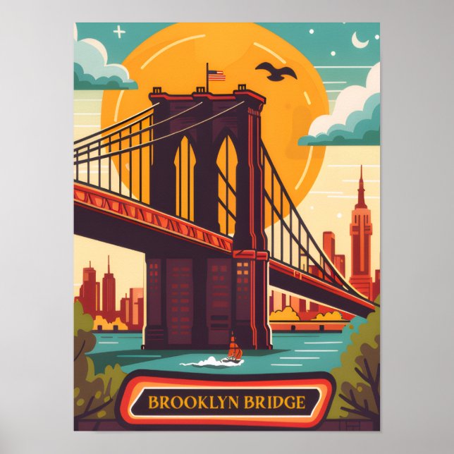 Brooklyn Bridge Manhattan NYC Retro Travel Poster (Front)
