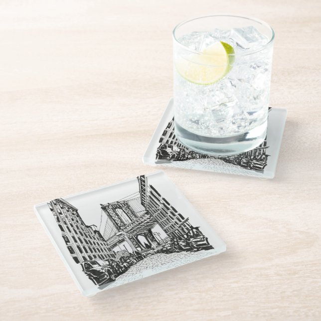 Brooklyn Bridge New York Black White Illustration Glass Coaster (Angled)