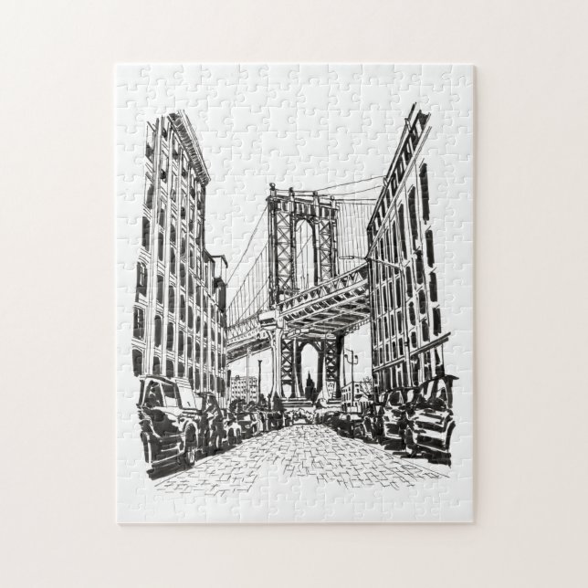 Brooklyn Bridge New York Black White Illustration Jigsaw Puzzle (Vertical)