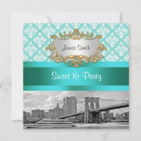Brooklyn Bridge Turquoise White Damask Sweet 16