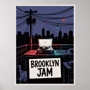 Brooklyn Jam Rooftop Record Player Night Skyline Poster