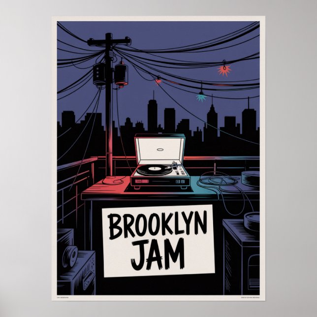Brooklyn Jam Rooftop Record Player Night Skyline Poster (Front)