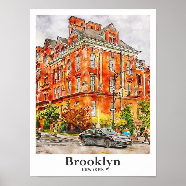 Brooklyn New York Travel Watercolor Hand Drawn Poster (Front)