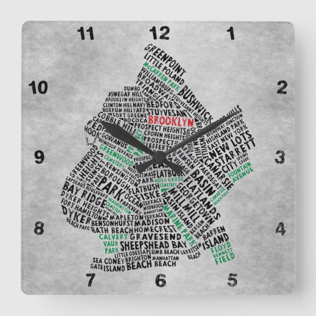 Brooklyn NYC Typography Map Clock (Front)