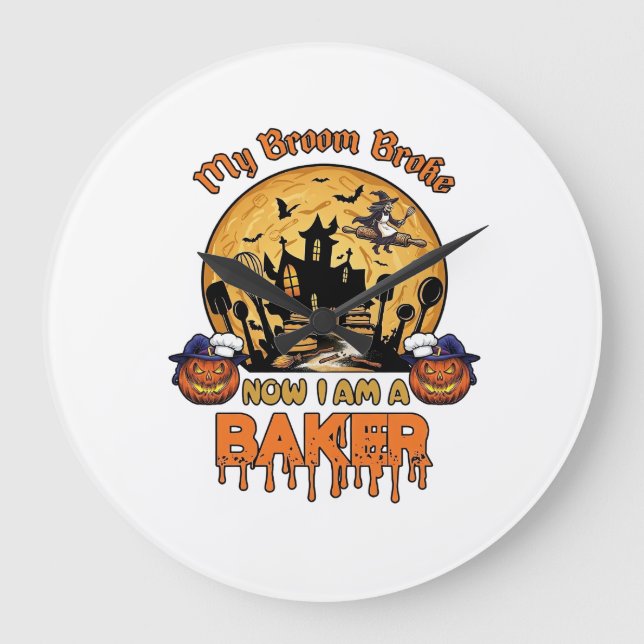 Broom Broke Baker Halloween Witch Chef Pumpkin_1 Large Clock (Front)
