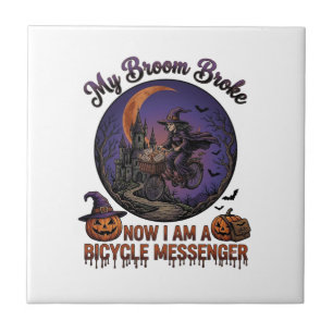 Broom Broke Bicycle Messenger Witch Halloween Moon Ceramic Tile
