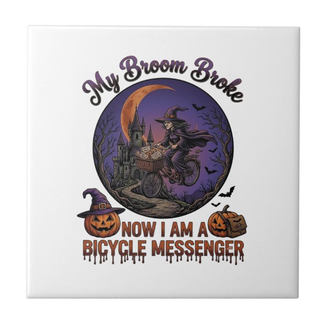 Broom Broke Bicycle Messenger Witch Halloween Moon Ceramic Tile (Front)