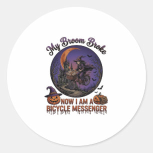 Broom Broke Bicycle Messenger Witch Halloween Moon Classic Round Sticker