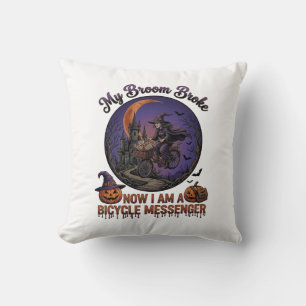 Broom Broke Bicycle Messenger Witch Halloween Moon Cushion