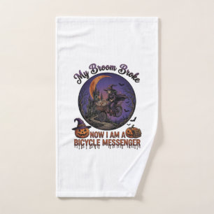Broom Broke Bicycle Messenger Witch Halloween Moon Hand Towel