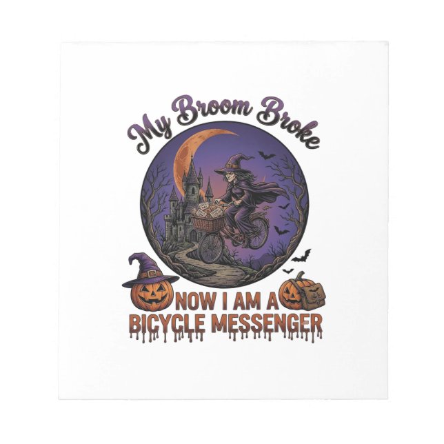 Broom Broke Bicycle Messenger Witch Halloween Moon Notepad (Front)