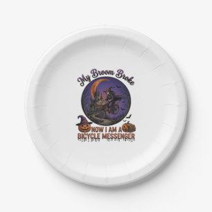 Broom Broke Bicycle Messenger Witch Halloween Moon Paper Plate