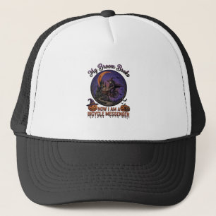 Broom Broke Bicycle Messenger Witch Halloween Moon Trucker Hat