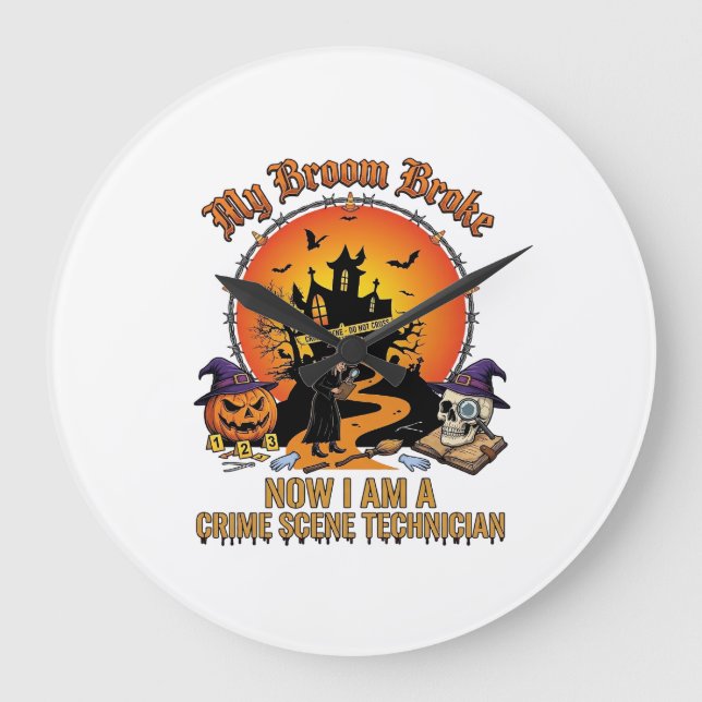 Broom Broke Crime Scene Technician Halloween Witch Large Clock (Front)