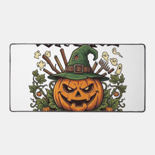 Broom Broke Farmar Halloween Pumpkin Witch Hat Gho Desk Mat