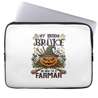 Broom Broke Farmar Halloween Pumpkin Witch Hat Gho Laptop Sleeve