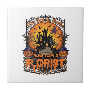 Broom Broke Florist Halloween Witch Pumpkin Haunte Ceramic Tile