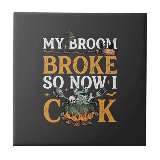 Broom Broke Halloween Cauldron Skulls Black Cat_1 Ceramic Tile (Front)