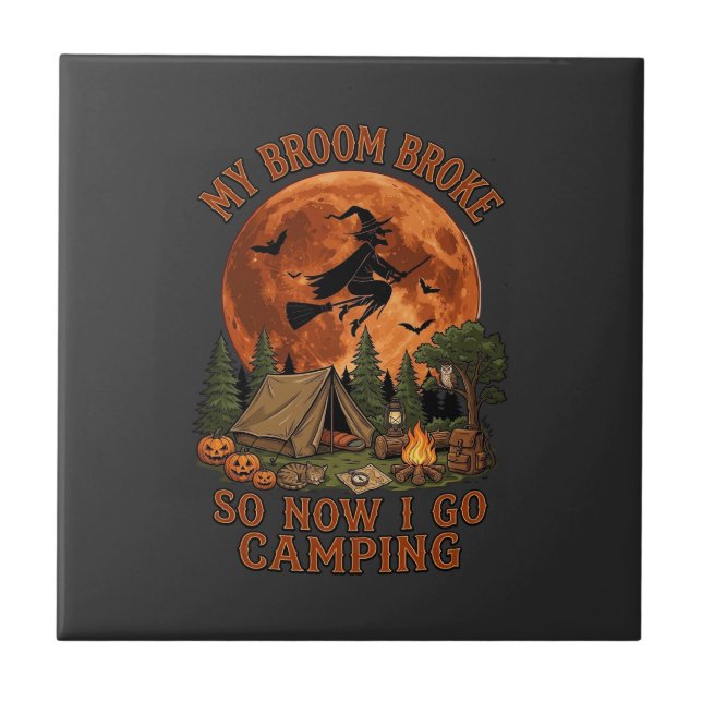 Broom Broke Halloween Witch Camping Tent Campfire  Ceramic Tile (Front)