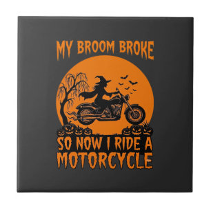 Broom Broke Halloween Witch Motorcycle Bats Pumpki Ceramic Tile