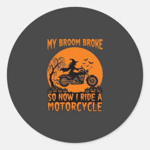 Broom Broke Halloween Witch Motorcycle Bats Pumpki Classic Round Sticker