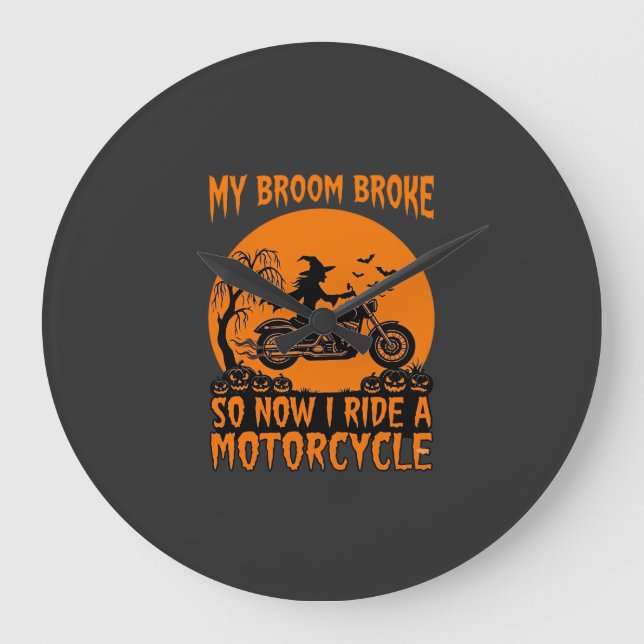 Broom Broke Halloween Witch Motorcycle Bats Pumpki Large Clock (Front)