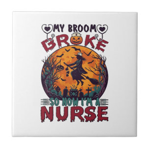 Broom Broke Nurse Halloween Witch Full Moon Bats_1 Ceramic Tile