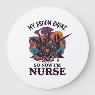 Broom Broke Nurse Halloween Witch Haunted House_1 Large Clock