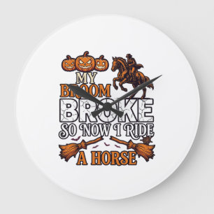 Broom Broke Ride Horse Pumpkin Cowboy Bats Large Clock