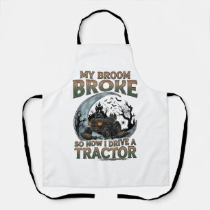 Broom Broke Tractor Pumpkin Haunted House Moon Apron