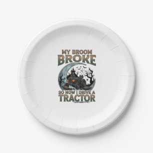 Broom Broke Tractor Pumpkin Haunted House Moon Paper Plate