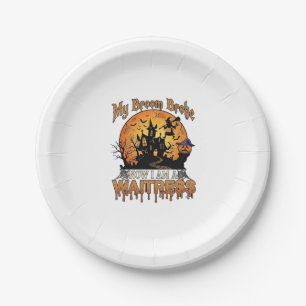 Broom Broke Waitress Halloween Witch Haunted House Paper Plate