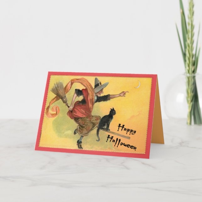 Broom Flying Cat and Witch Card (Front)