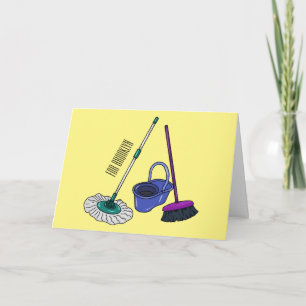 Broom & mop cartoon illustration card