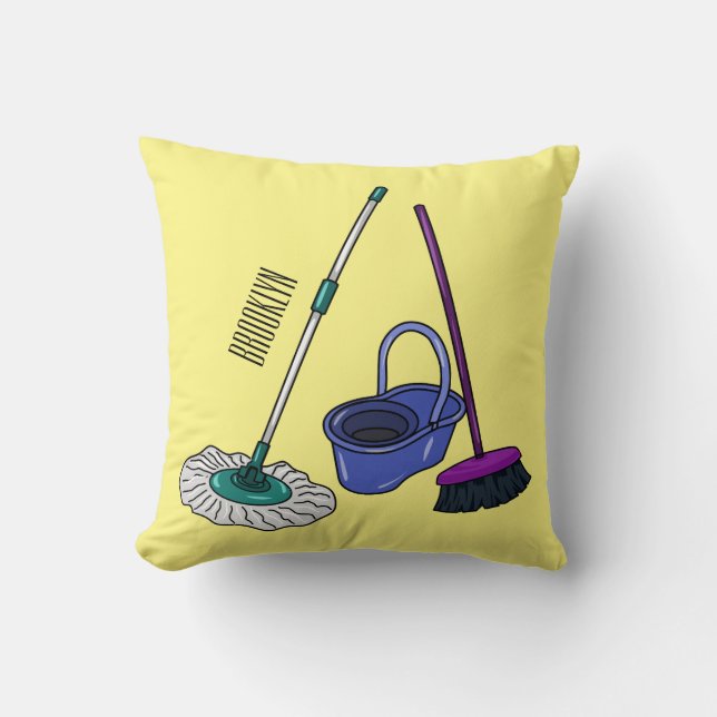 Broom & mop cartoon illustration cushion (Front)
