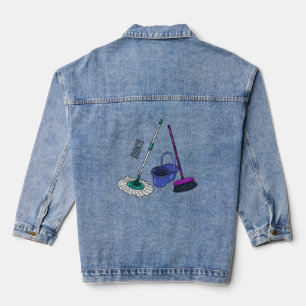 Broom & mop cartoon illustration denim jacket