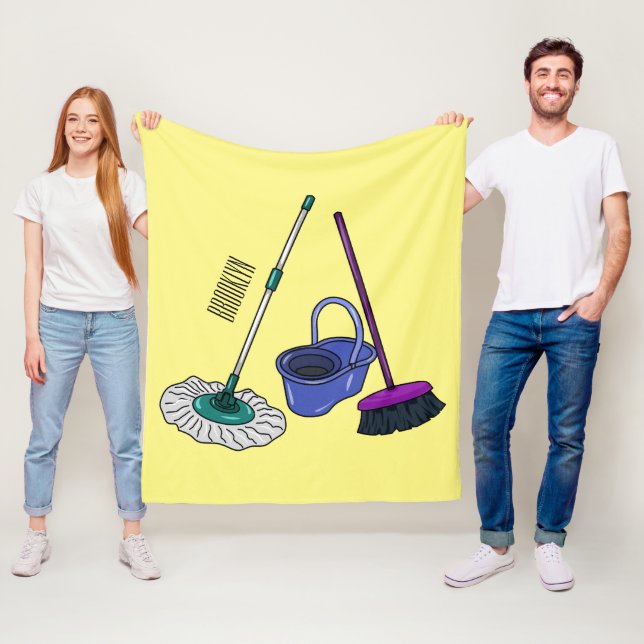 Broom & mop cartoon illustration fleece blanket (In Situ)