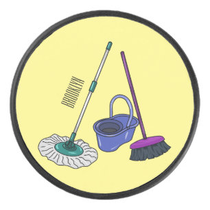 Broom & mop cartoon illustration hockey puck