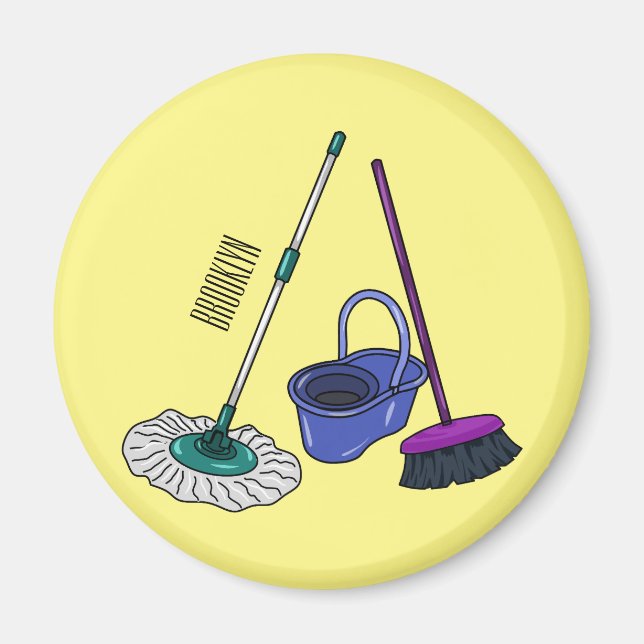 Broom & mop cartoon illustration magnet (Front)