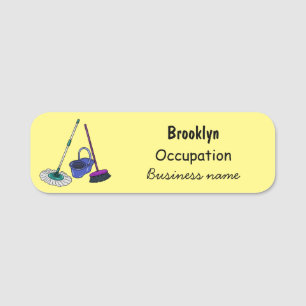 Broom & mop cartoon illustration name tag