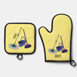 Broom & mop cartoon illustration oven mitt & pot holder set