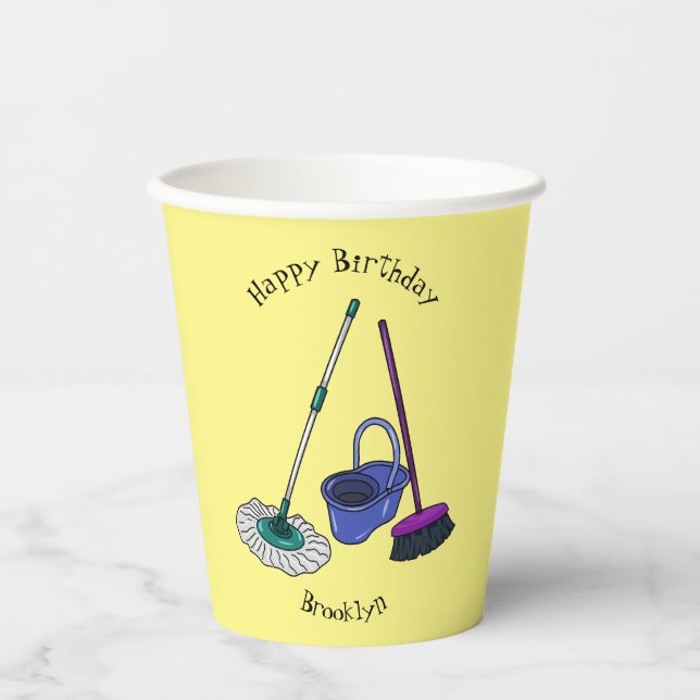 Broom & mop cartoon illustration paper cups (Front)