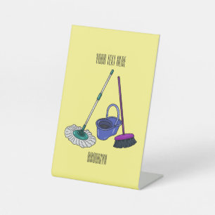 Broom & mop cartoon illustration pedestal sign